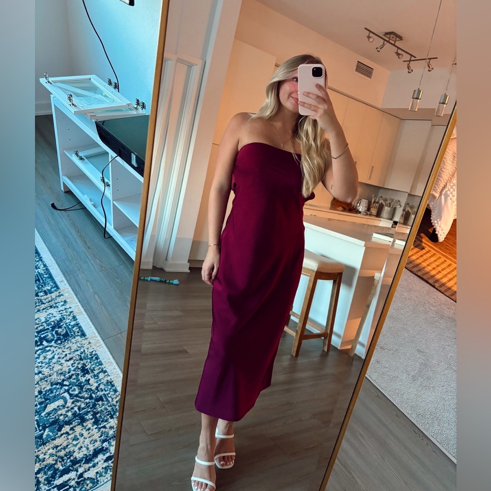 Strapless Satin Cowl Back Midi Dress